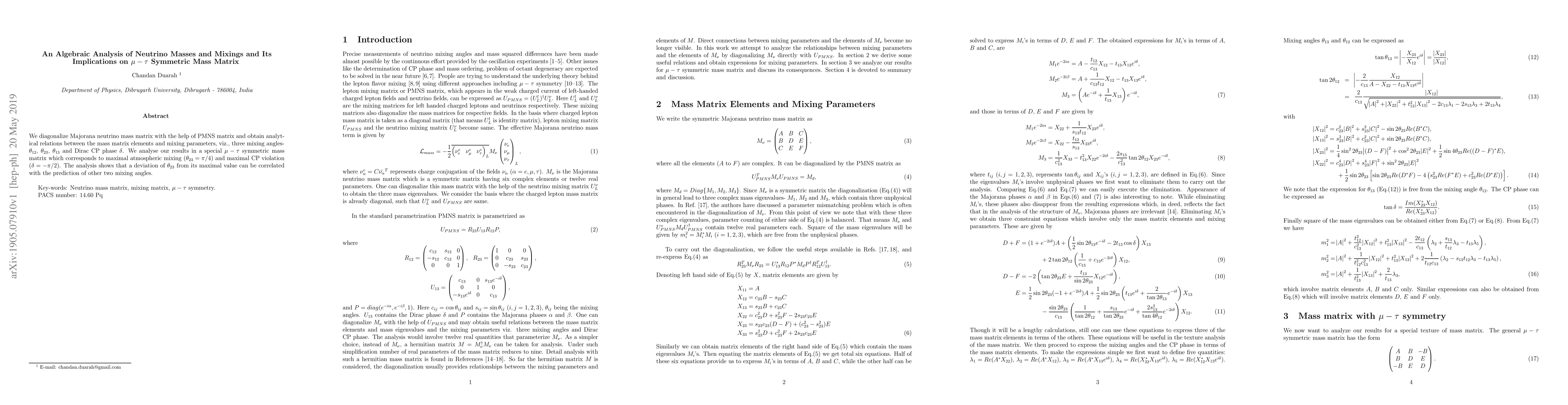 Thumbnail for An Algebraic Analysis of Neutrino Masses and Mixings and its
  Implications on $\mu$-$\tau$ Symmetric Mass Matrix