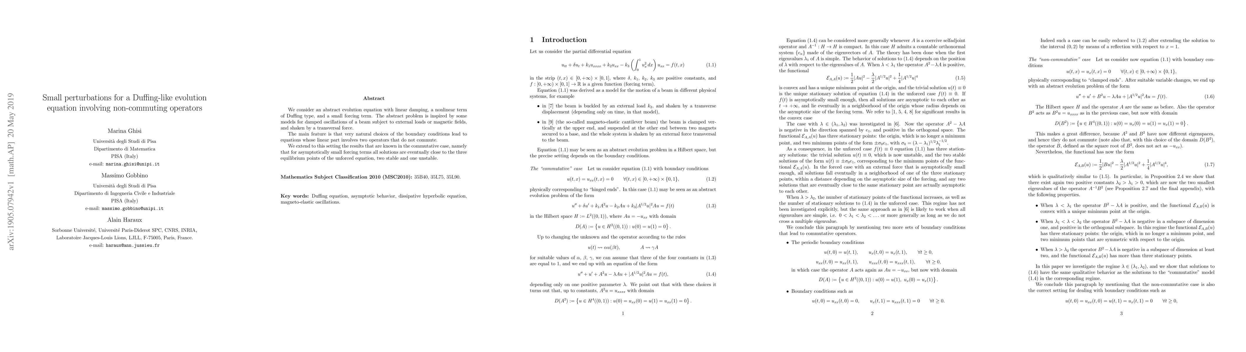 Thumbnail for Small perturbations for a Duffing-like evolution equation involving
  non-commuting operators