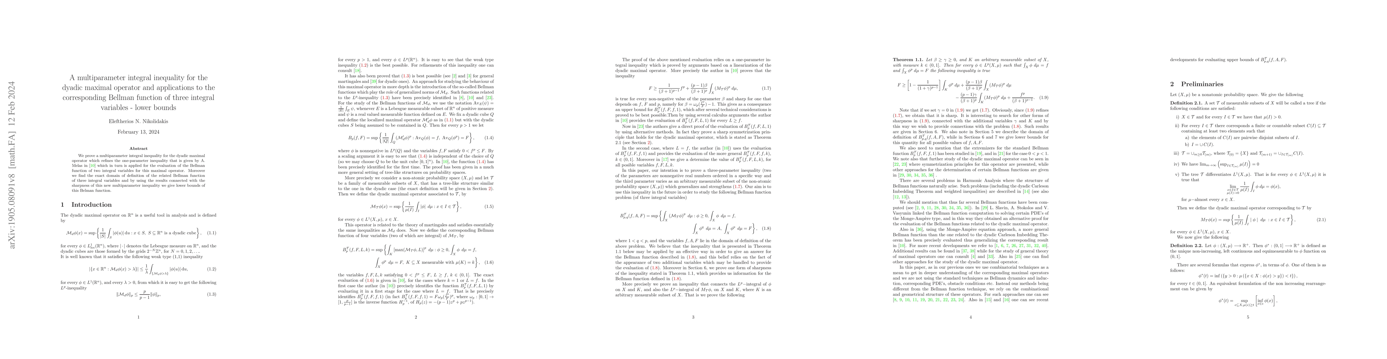 Thumbnail for A multiparameter integral inequality for the dyadic maximal operator and
  applications to the corresponding Bellman function of three integral
  variables -lower bounds