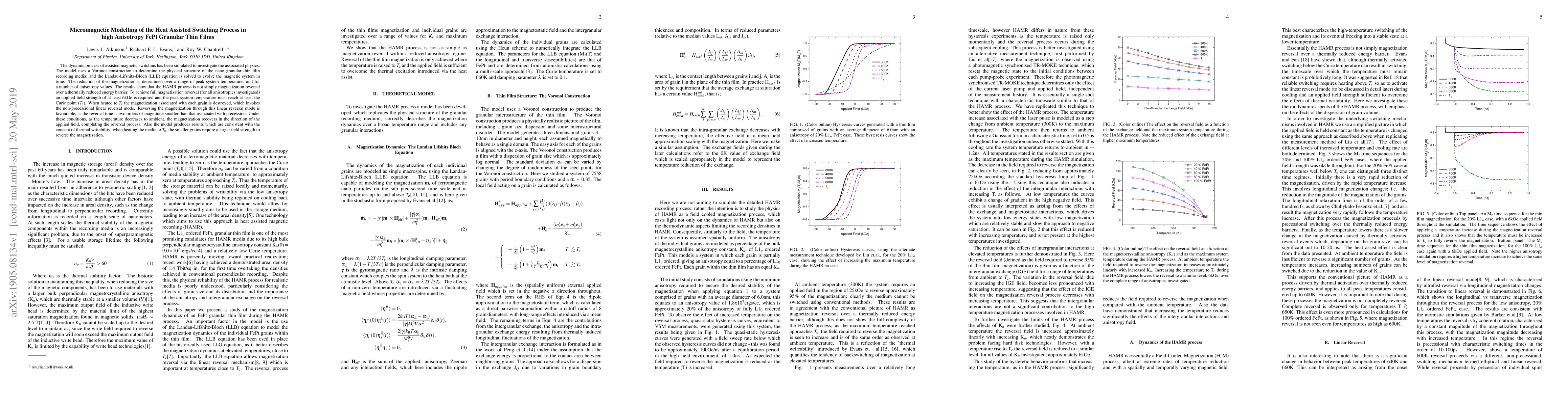 Thumbnail for Micromagnetic Modelling of the Heat Assisted Switching Process in high
  Anisotropy FePt Granular Thin Films