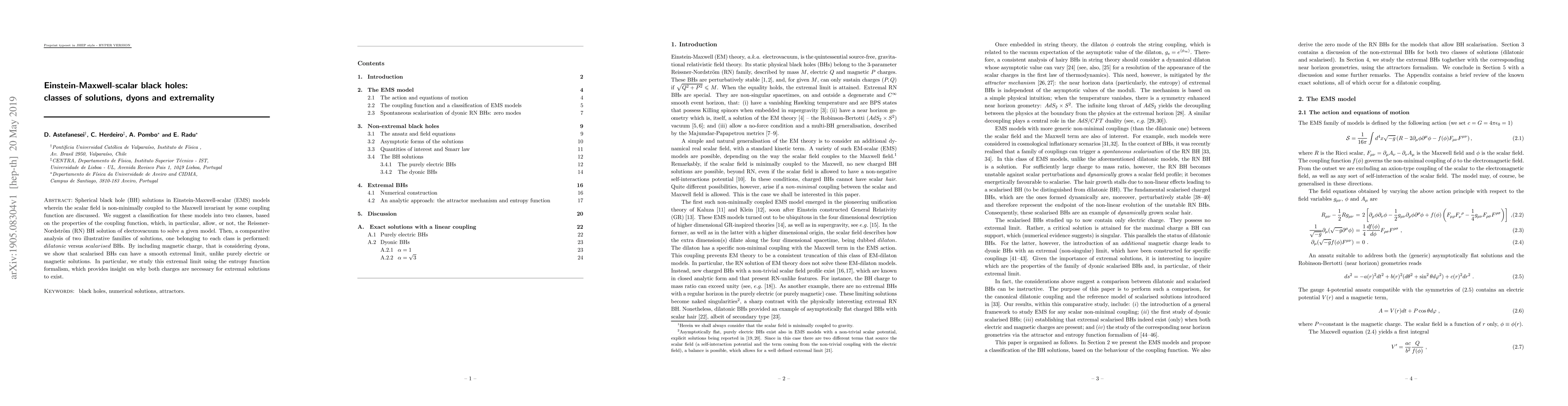 Thumbnail for Einstein-Maxwell-scalar black holes: classes of solutions, dyons and
  extremality
