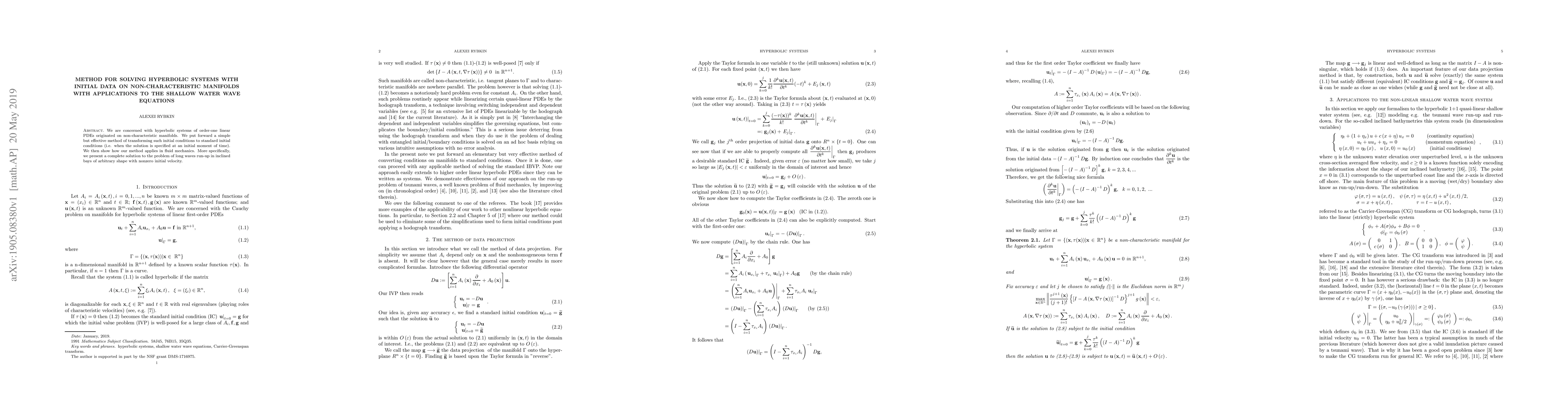 Thumbnail for Method for solving hyperbolic systems with initial data on
  non-characteristic manifolds with applications to the shallow water wave
  equations