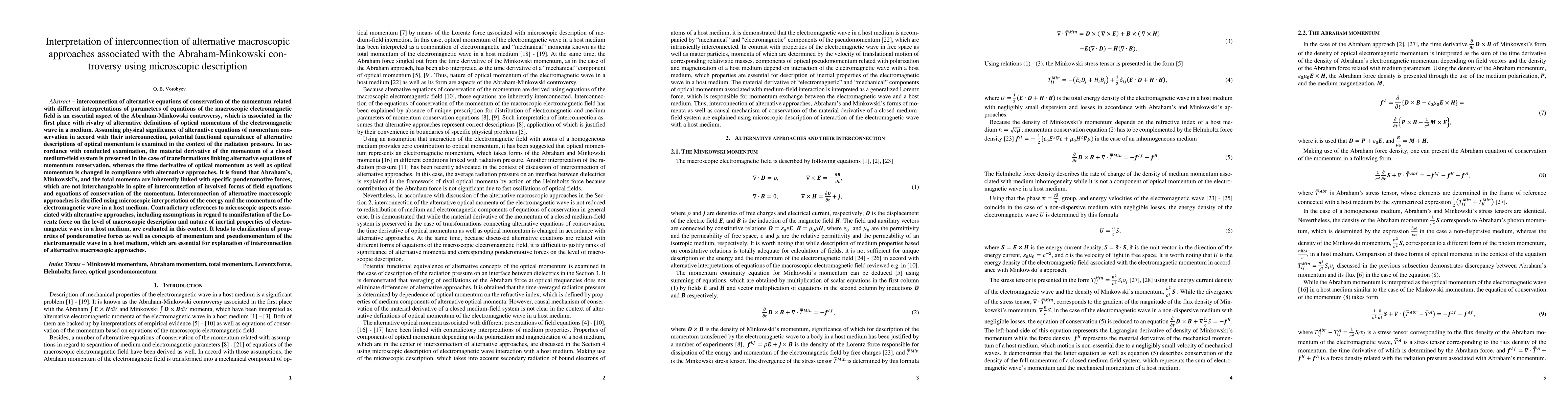 Thumbnail for Interpretation of interconnection of alternative macroscopic approaches
  associated with the Abraham-Minkowski con-troversy using microscopic
  description