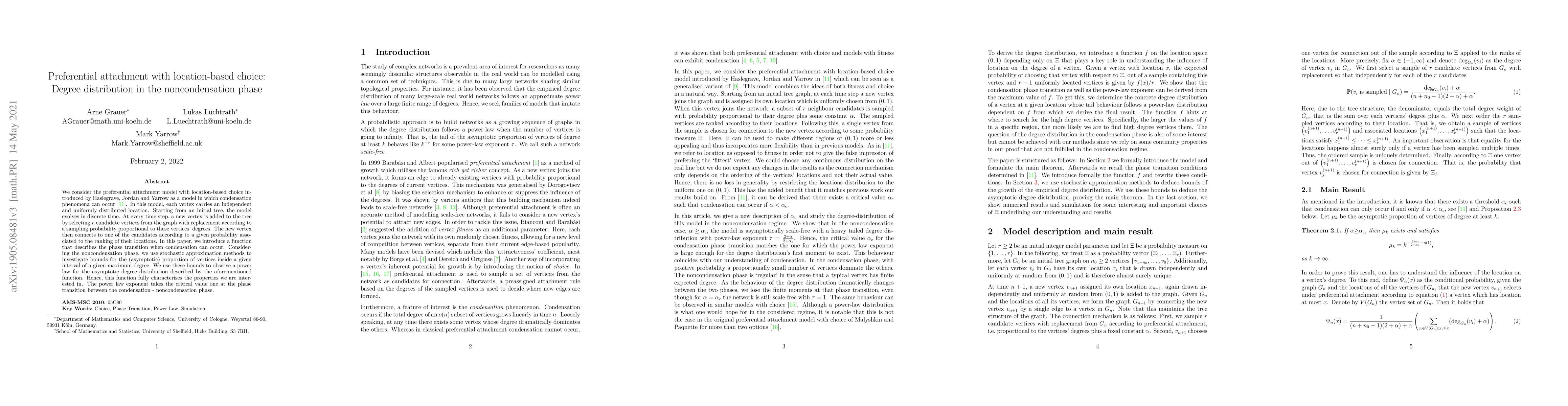 Thumbnail for Preferential attachment with location-based choice: Degree distribution
  in the noncondensation phase