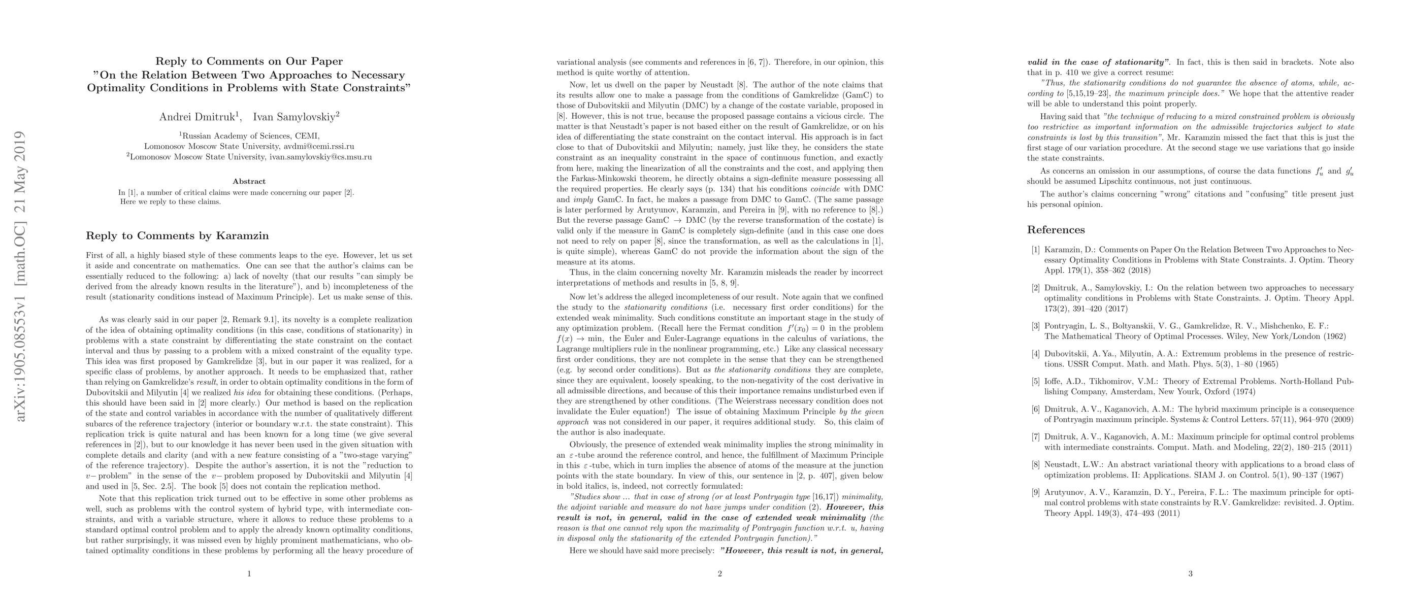Thumbnail for Reply to Comments on Our Paper "On the Relation Between Two Approaches
  to Necessary Optimality Conditions in Problems with State Constraints"