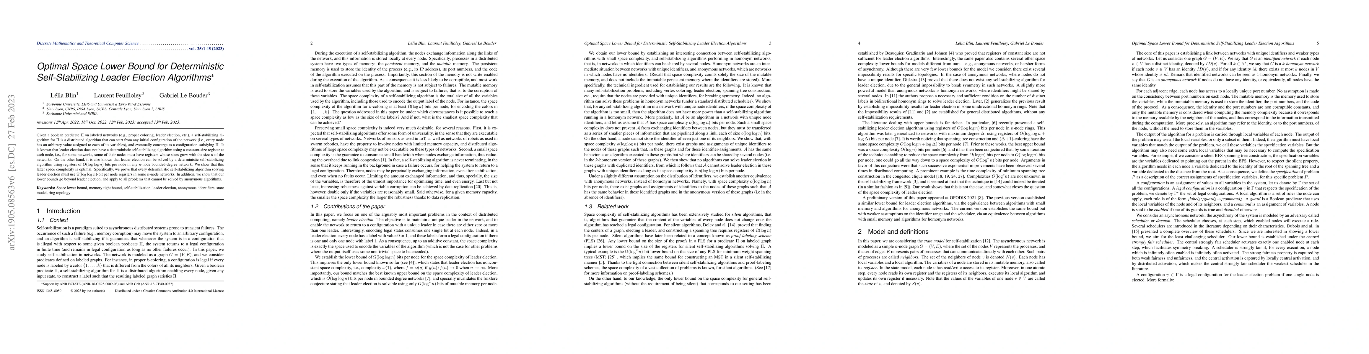 Thumbnail for Optimal Space Lower Bound for Deterministic Self-Stabilizing Leader
  Election Algorithms