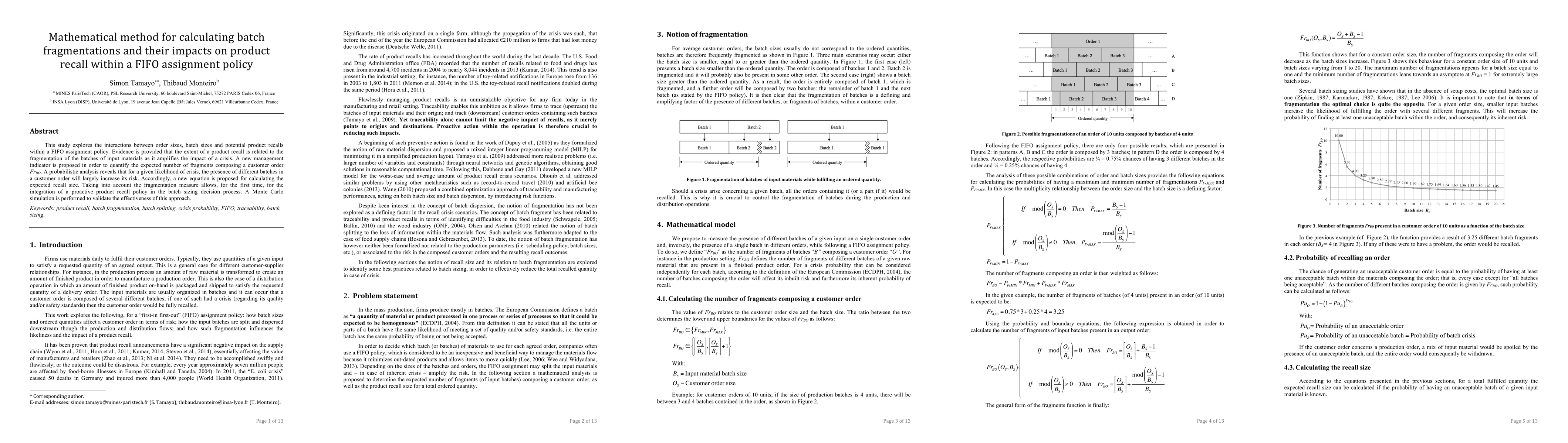 Thumbnail for Mathematical method for calculating batch fragmentations and their
  impacts on product recall within a FIFO assignment policy