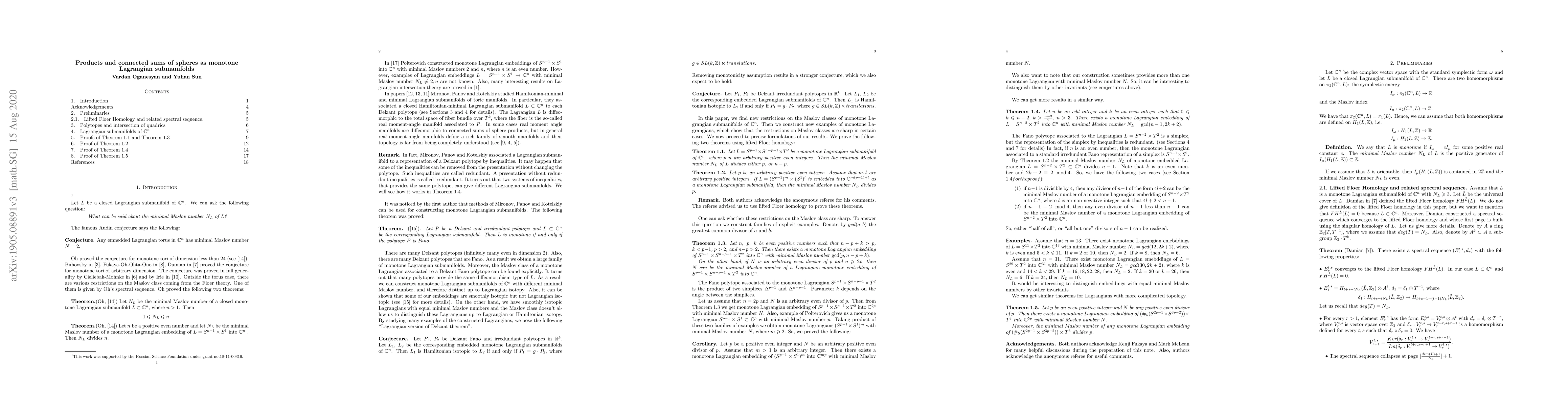 Thumbnail for Products and connected sums of spheres as monotone Lagrangian
  submanifolds