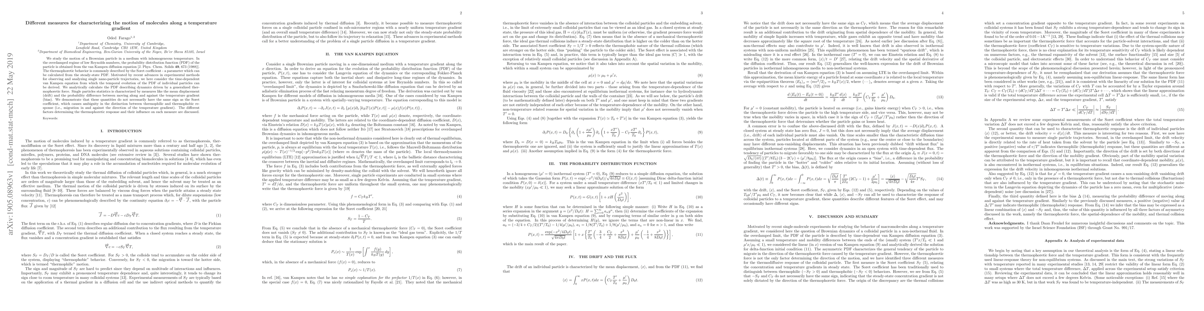 Thumbnail for Different measures for characterizing the motion of molecules along a
  temperature gradient