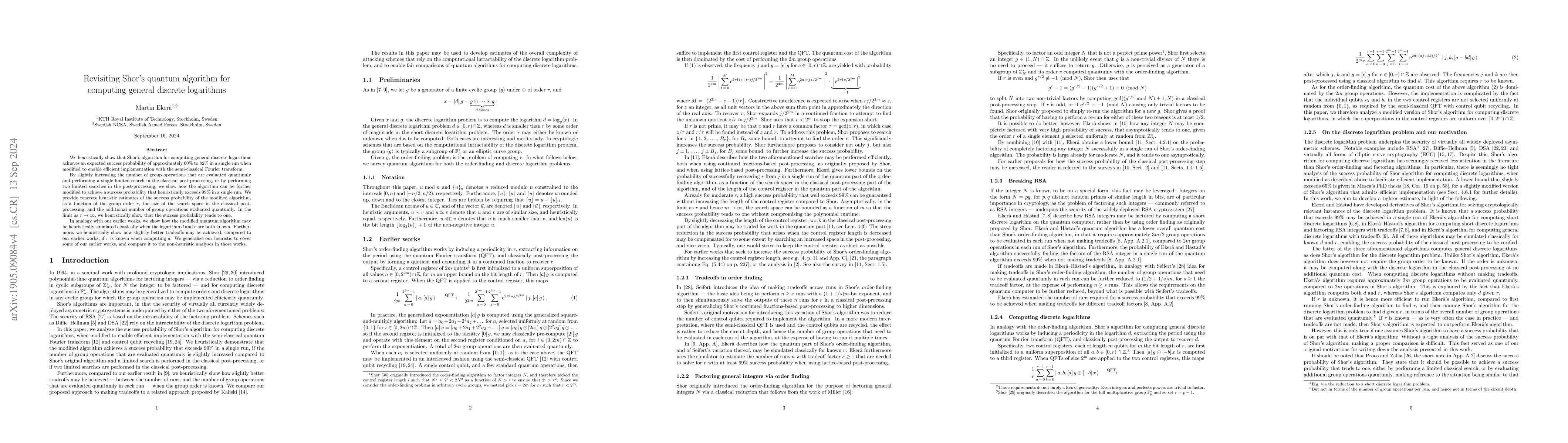 Thumbnail for Revisiting Shor's quantum algorithm for computing general discrete
  logarithms