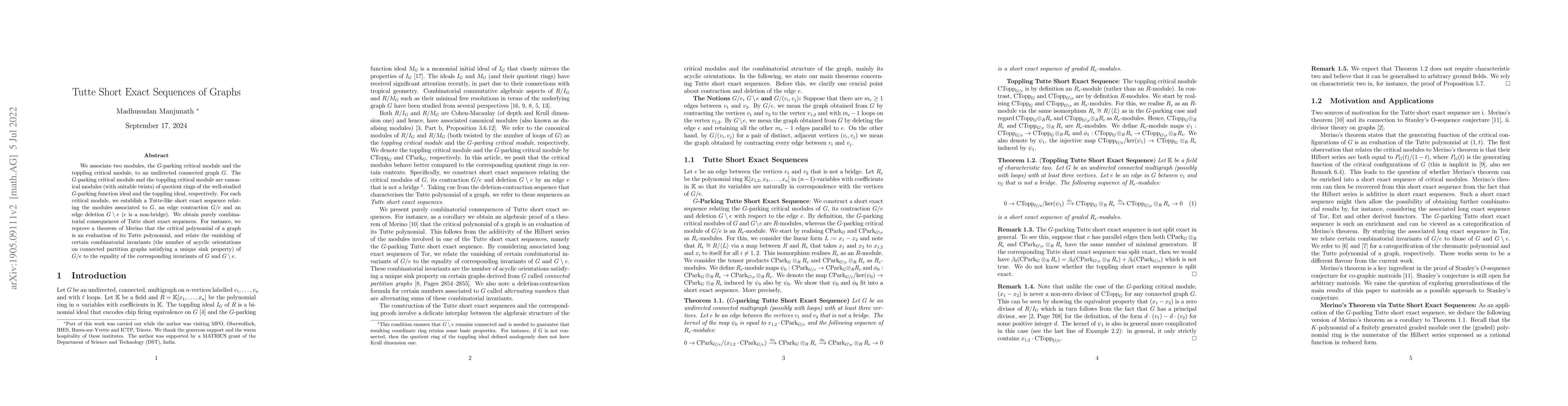 Thumbnail for Tutte Short Exact Sequences of Graphs