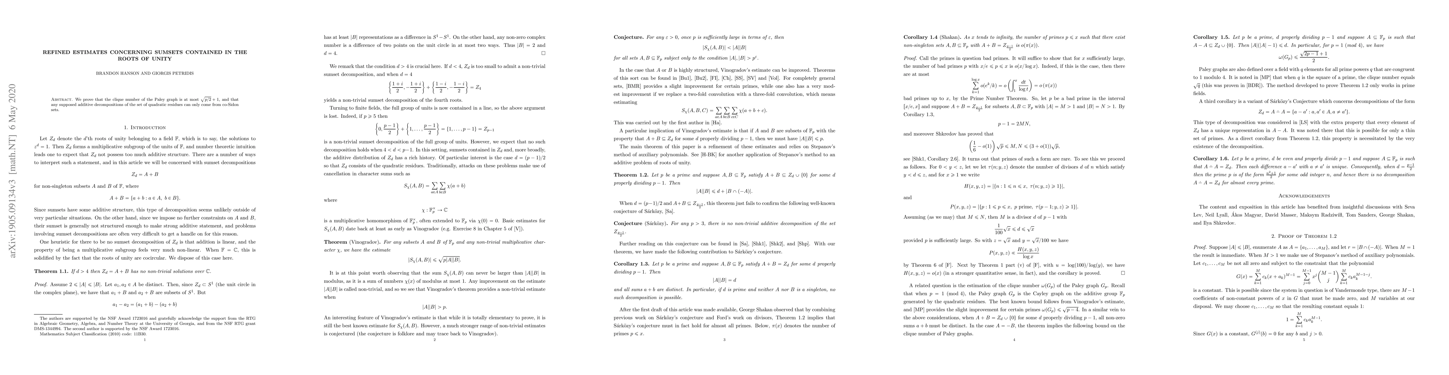 Thumbnail for Refined Estimates Concerning Sumsets Contained in the Roots of Unity
