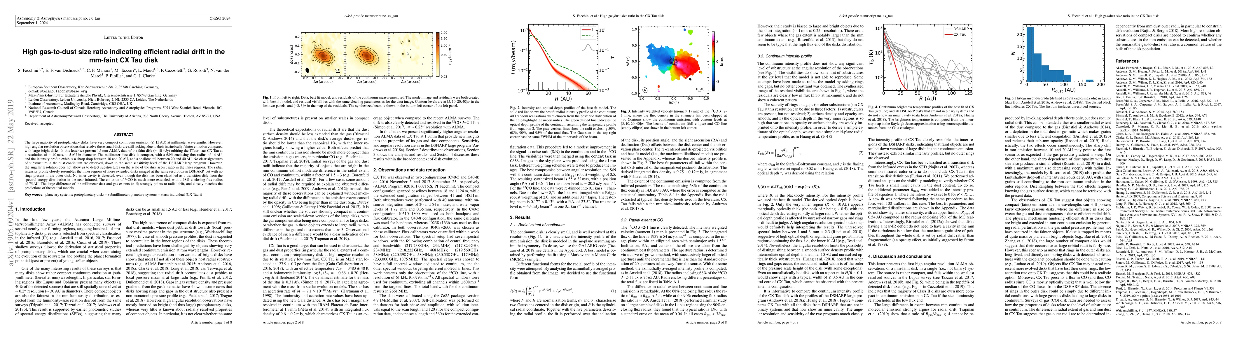 Thumbnail for High gas/dust size ratio indicating efficient radial drift in the
  mm-faint CX Tau disk