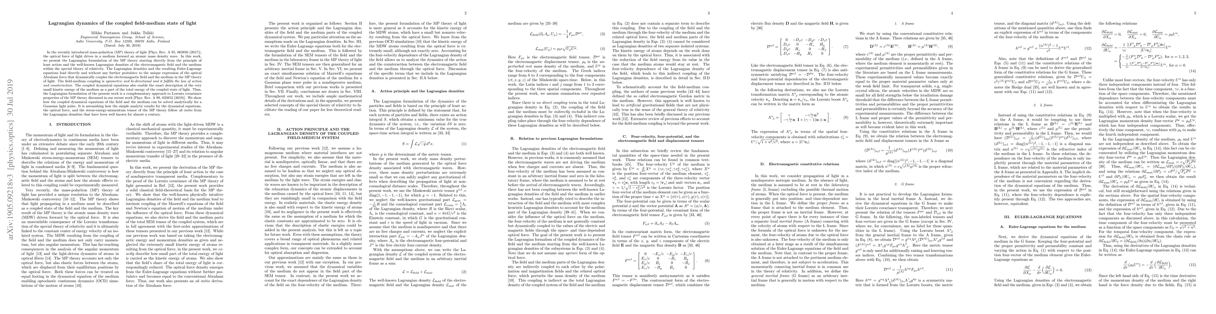 Thumbnail for Lagrangian dynamics of the coupled field-medium state of light