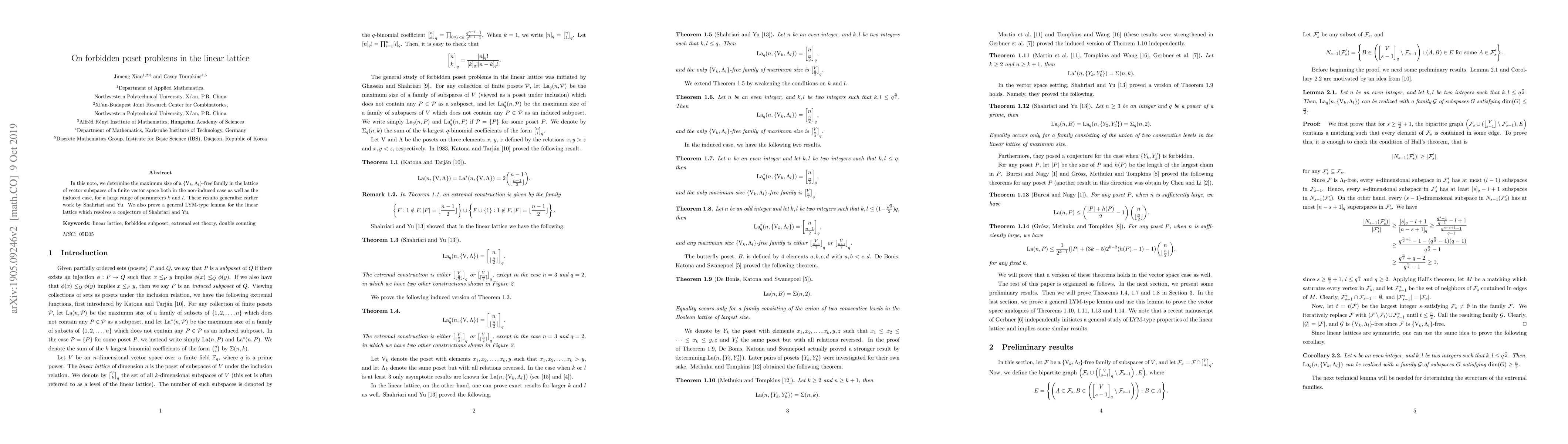 Thumbnail for On forbidden poset problems in the linear lattice