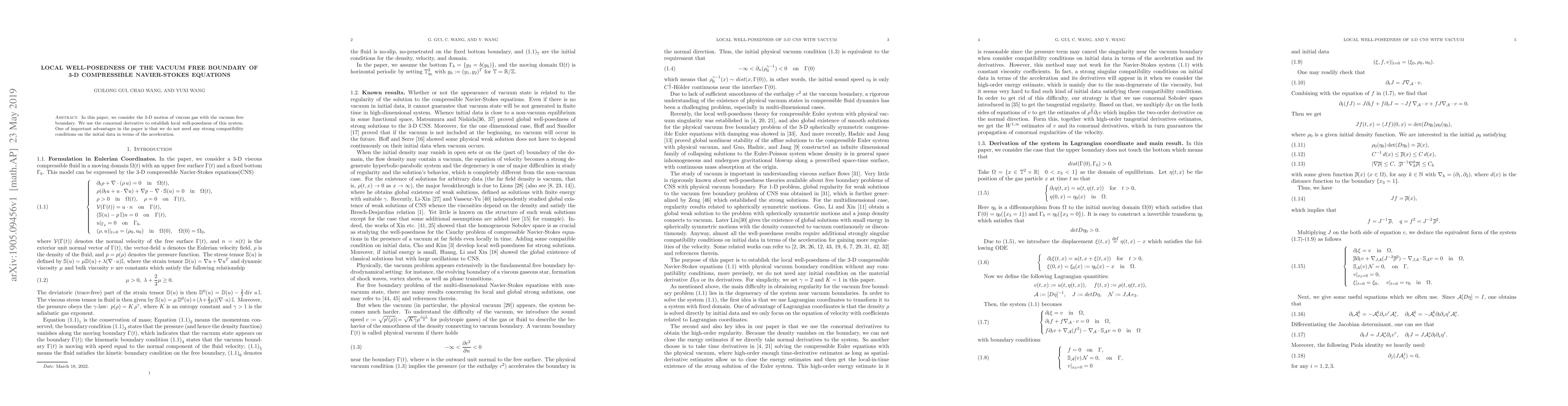Thumbnail for Local well-posedness of the vacuum free boundary of 3-D compressible
  Navier-Stokes equations