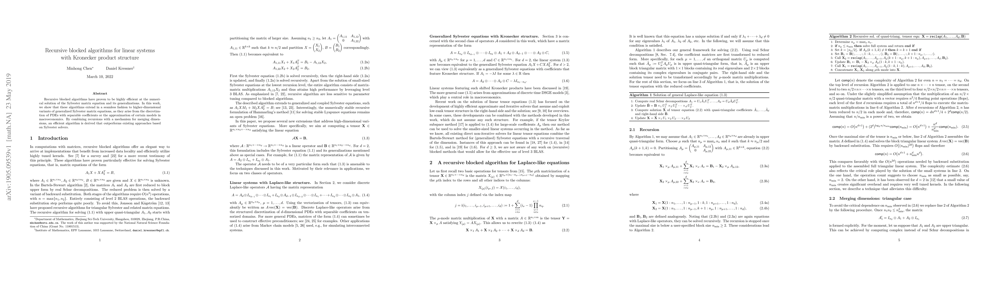 Thumbnail for Recursive blocked algorithms for linear systems with Kronecker product
  structure