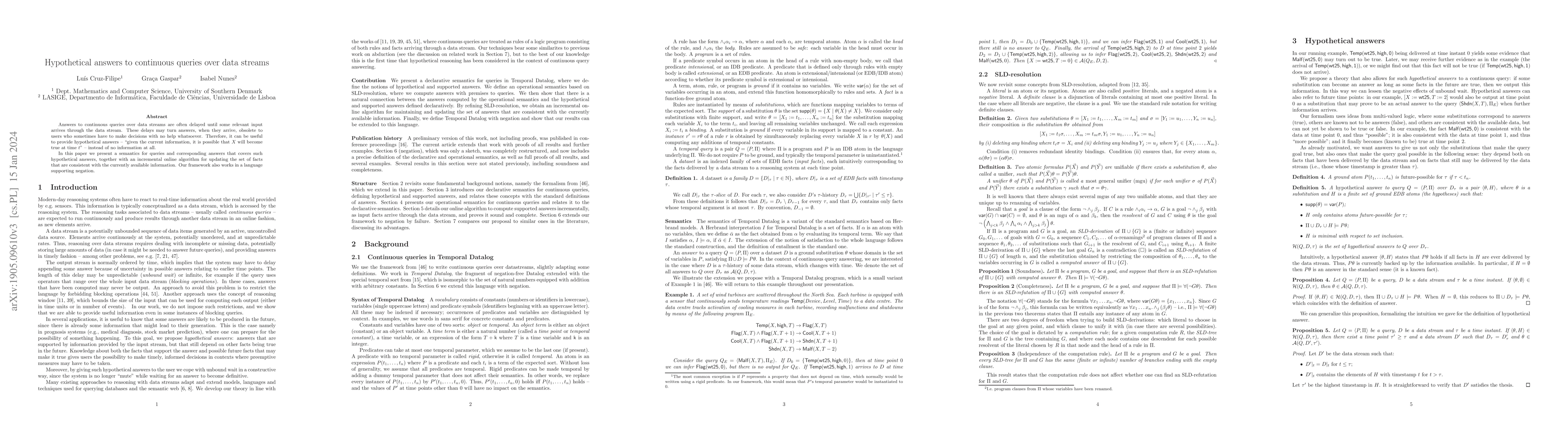 Thumbnail for Hypothetical answers to continuous queries over data streams
