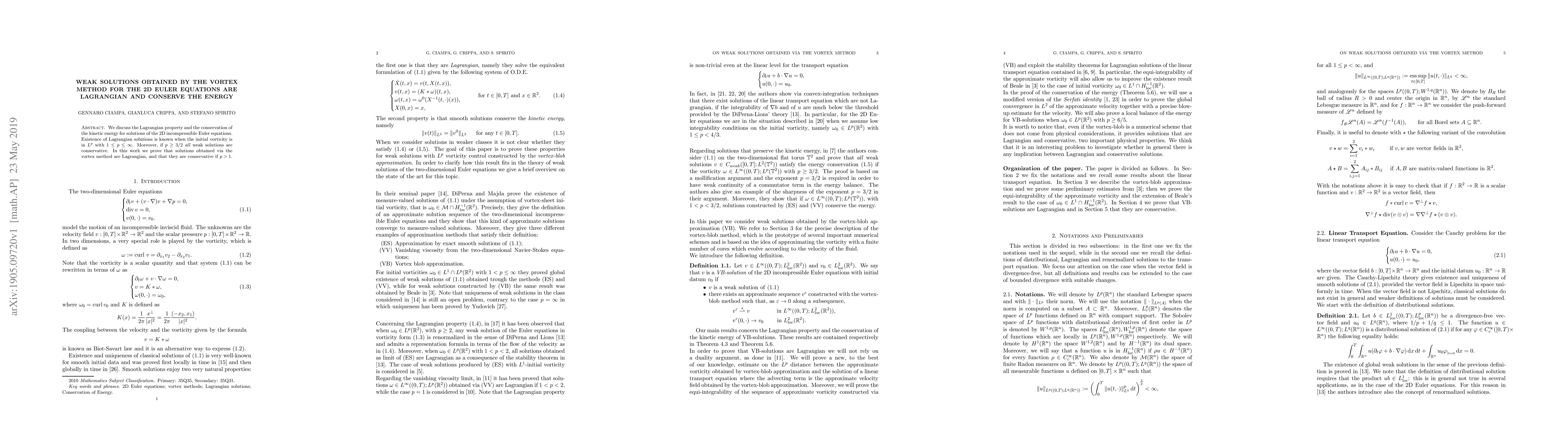 Thumbnail for Weak solutions obtained by the vortex method for the 2D Euler equations
  are Lagrangian and conserve the energy