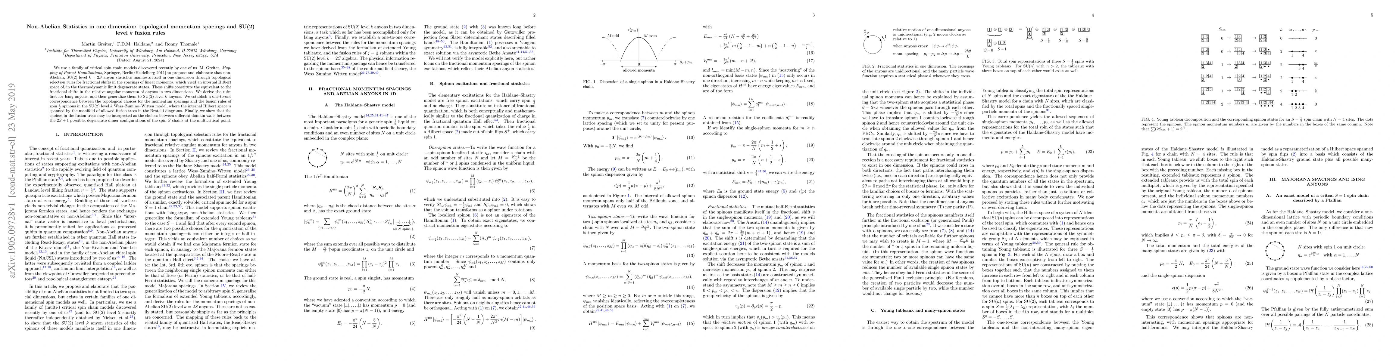 Thumbnail for Non-Abelian Statistics in one dimension: topological momentum spacings
  and SU(2) level $k$ fusion rules