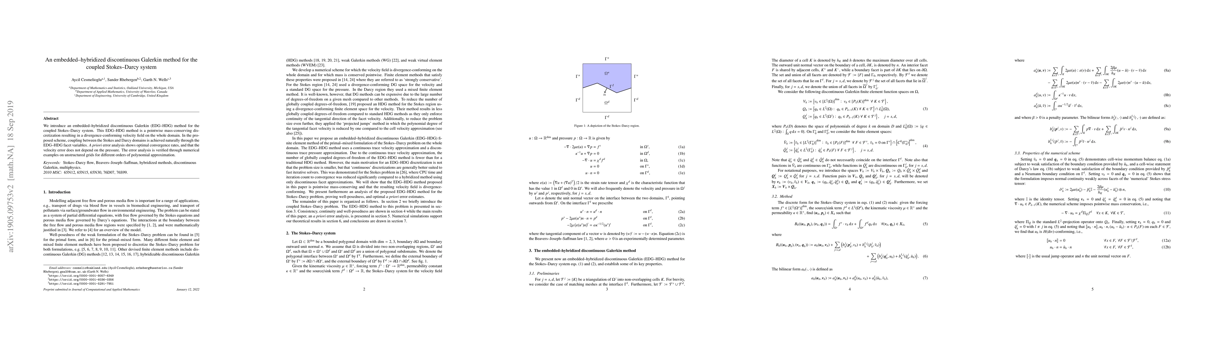 Thumbnail for An embedded-hybridized discontinuous Galerkin method for the coupled
  Stokes-Darcy system