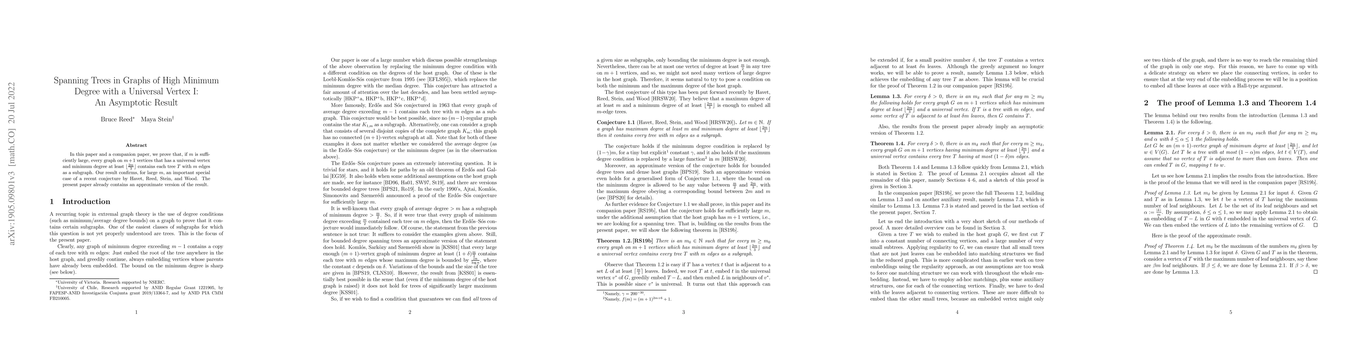 Thumbnail for Spanning Trees in Graphs of High Minimum Degree with a Universal Vertex
  I: An Asymptotic Result
