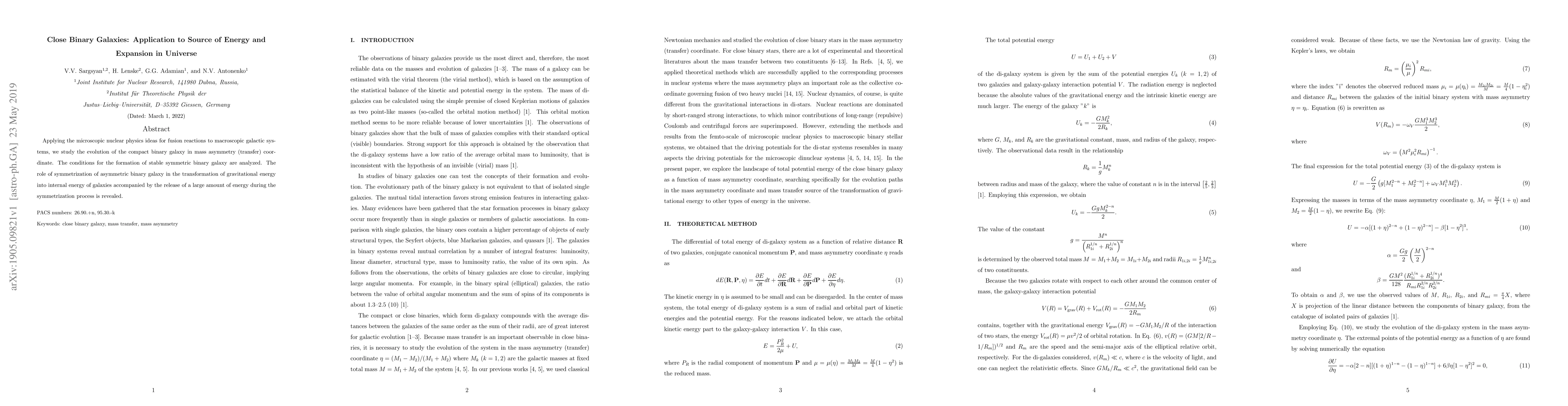 Thumbnail for Close Binary Galaxies: Application to Source of Energy and Expansion in
  Universe