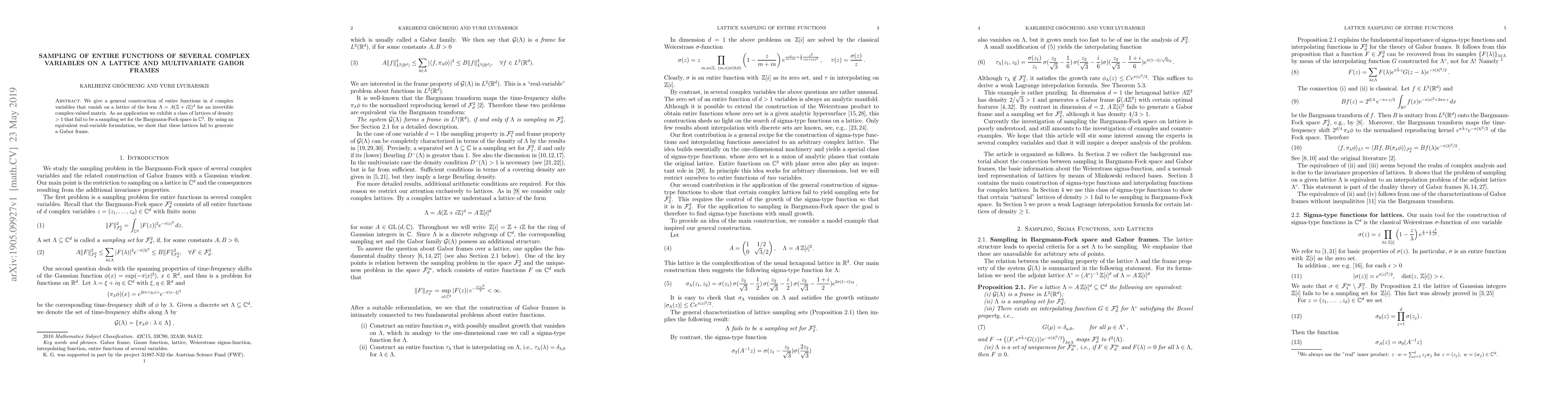 Thumbnail for Sampling of Entire Functions of Several Complex Variables on a Lattice
  and Multivariate Gabor Frames