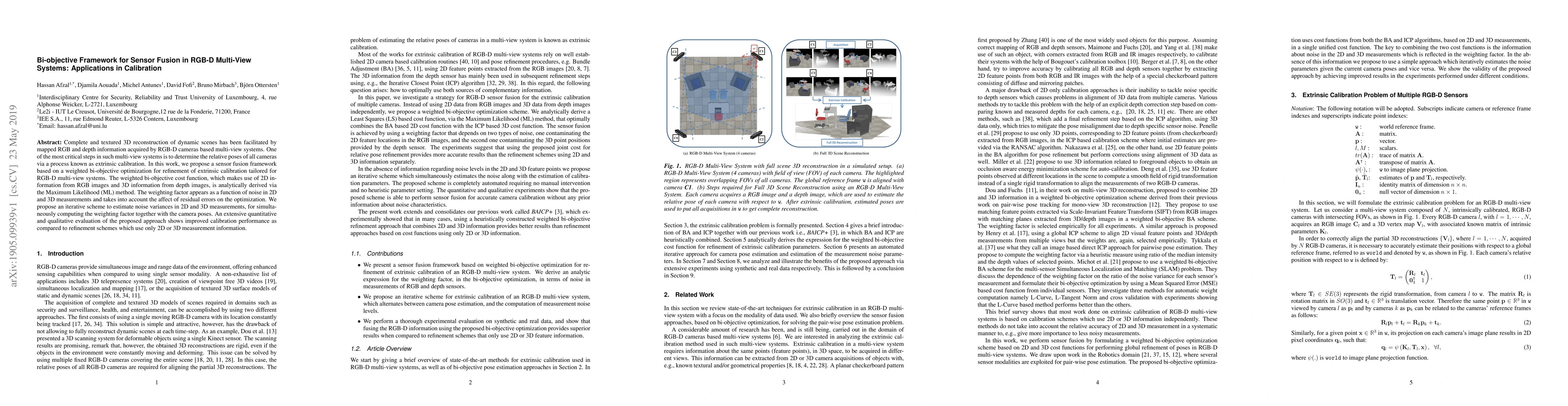 Thumbnail for Bi-objective Framework for Sensor Fusion in RGB-D Multi-View Systems:
  Applications in Calibration