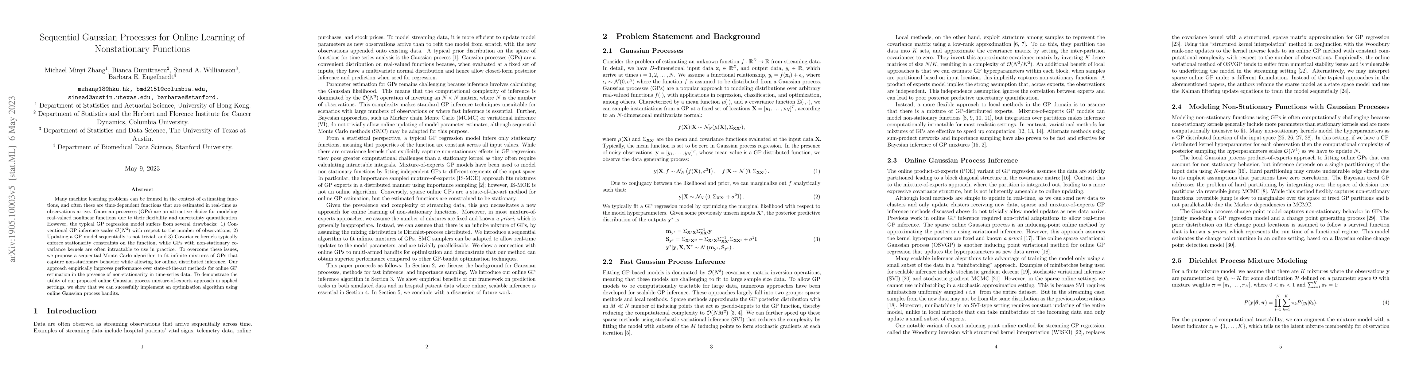 Thumbnail for Sequential Gaussian Processes for Online Learning of Nonstationary
  Functions