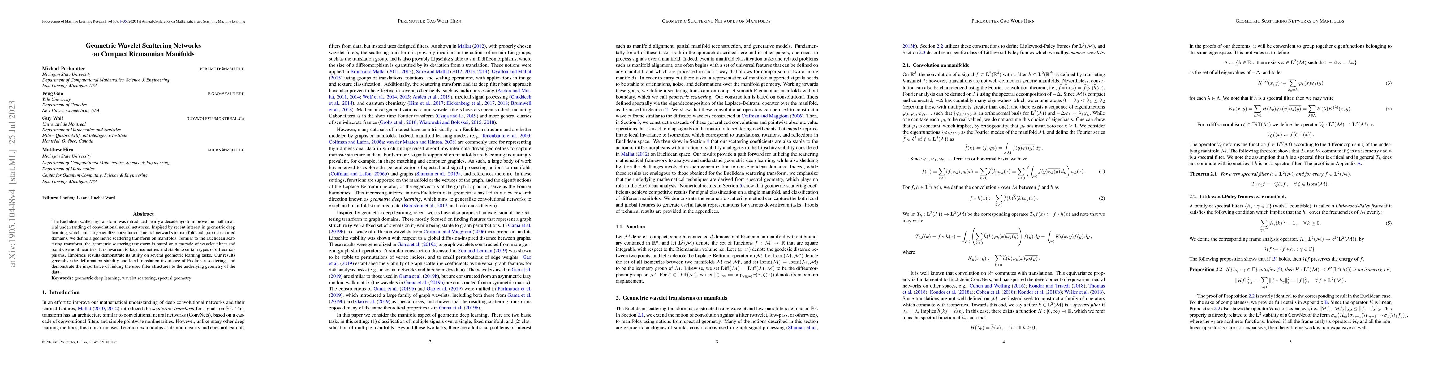 Thumbnail for Geometric Wavelet Scattering Networks on Compact Riemannian Manifolds