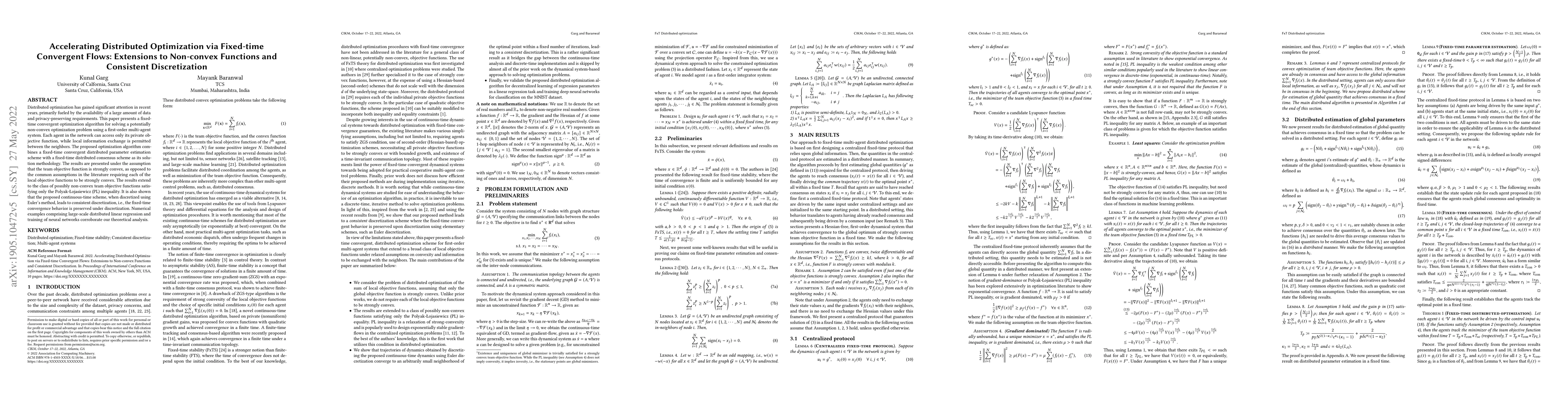 Thumbnail for Accelerating Distributed Optimization via Fixed-time Convergent Flows:
  Extensions to Non-convex Functions and Consistent Discretization