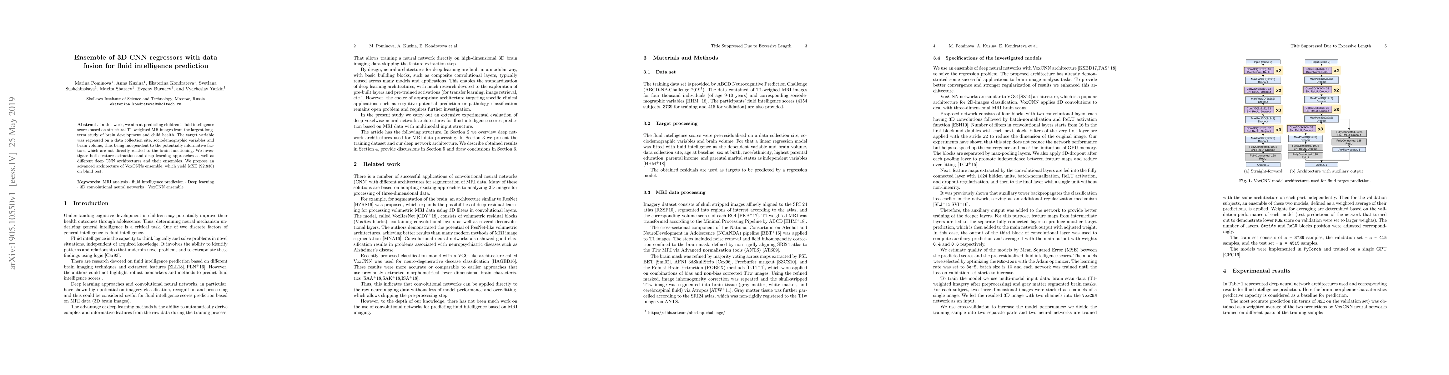 Thumbnail for Ensemble of 3D CNN regressors with data fusion for fluid intelligence
  prediction