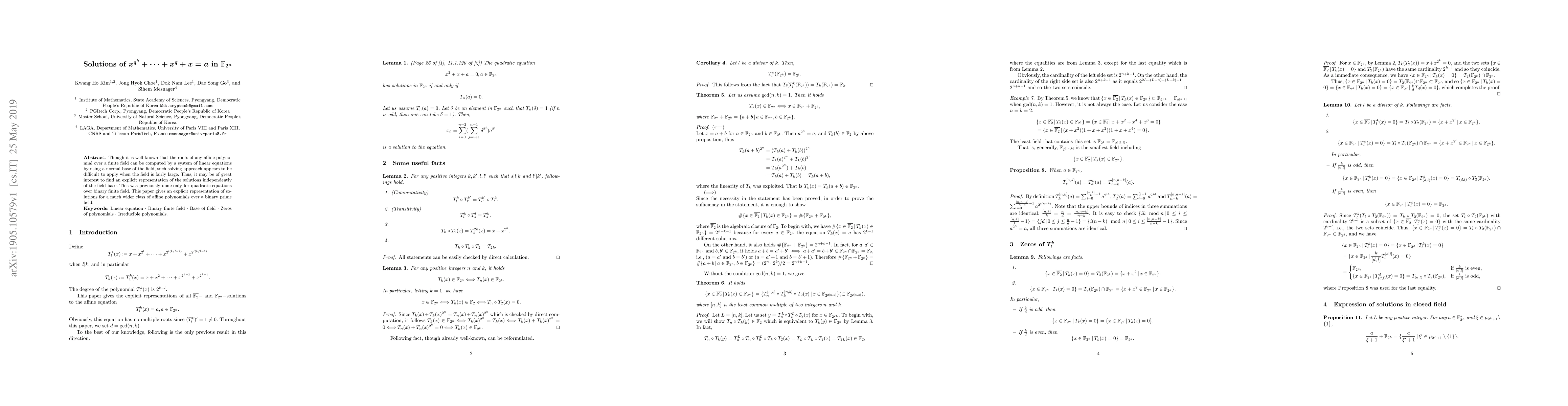 Thumbnail for Solutions of $x^{q^k}+\cdots+x^{q}+x=a$ in $GF{2^n}$