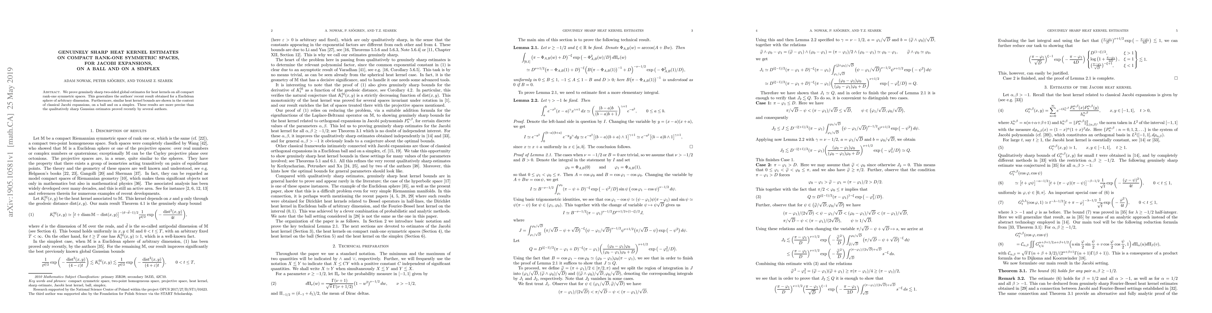 Thumbnail for Genuinely sharp heat kernel estimates on compact rank-one symmetric
  spaces, for Jacobi expansions, on a ball and on a simplex