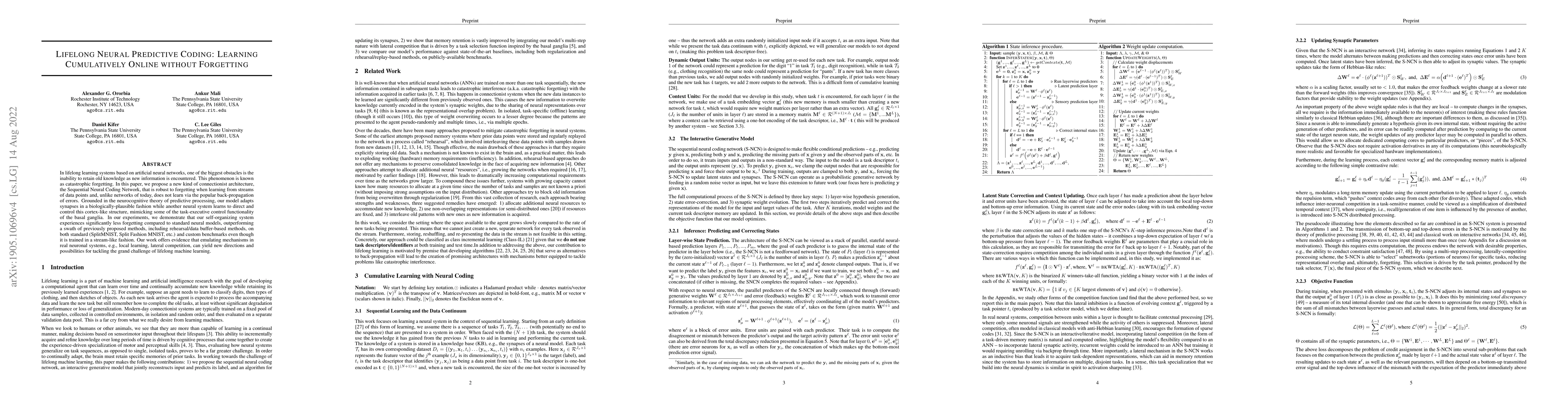Thumbnail for Lifelong Neural Predictive Coding: Learning Cumulatively Online without
  Forgetting