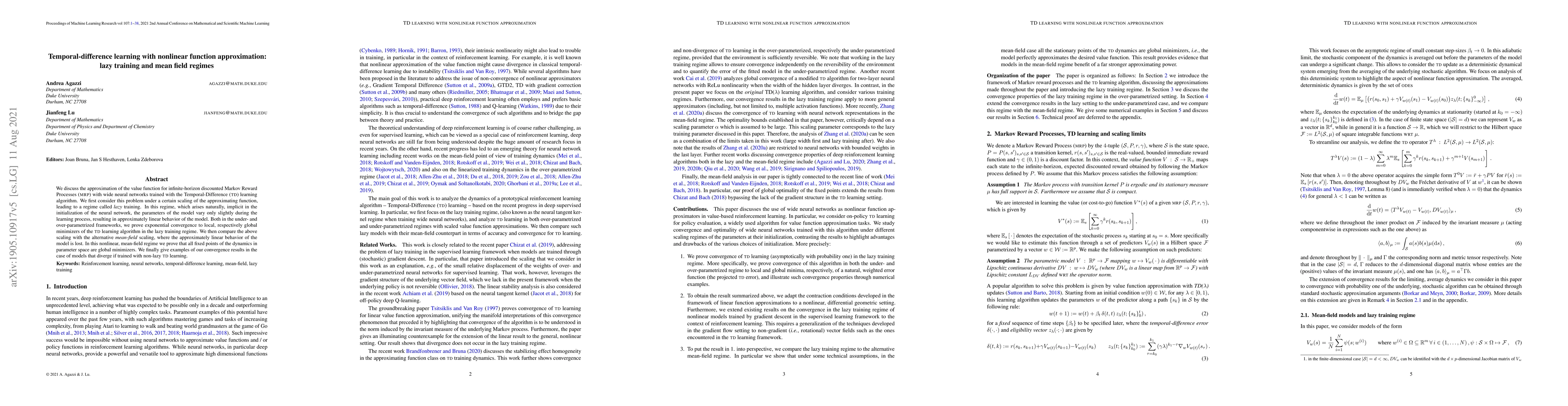 Thumbnail for Temporal-difference learning with nonlinear function approximation: lazy
  training and mean field regimes