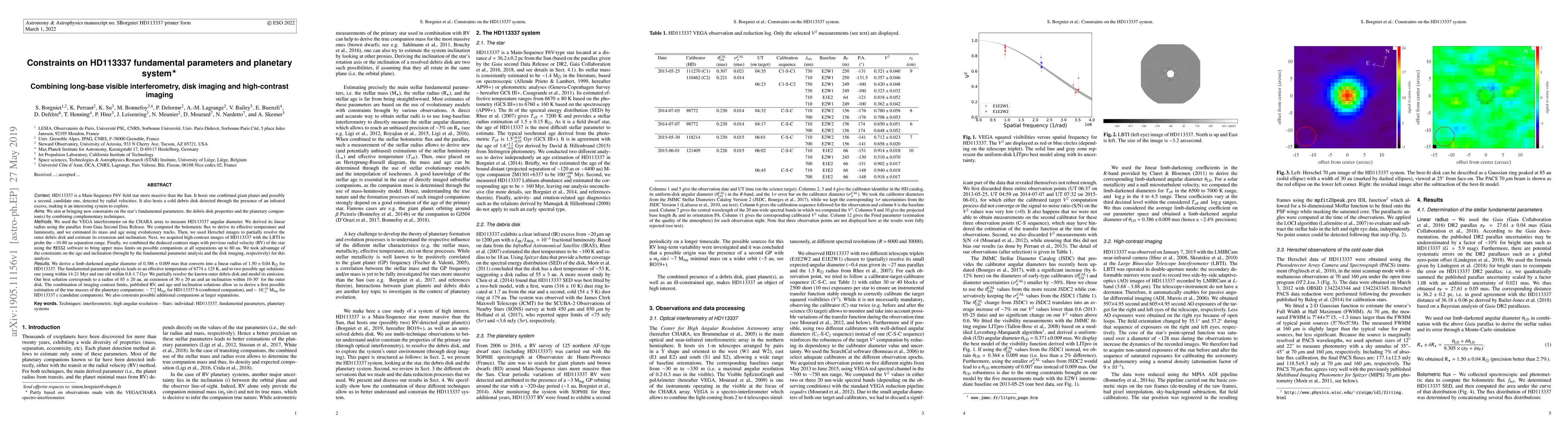 Thumbnail for Constraints on HD113337 fundamental parameters and planetary system.
  Combining long-base visible interferometry, disk imaging and high-contrast
  imaging