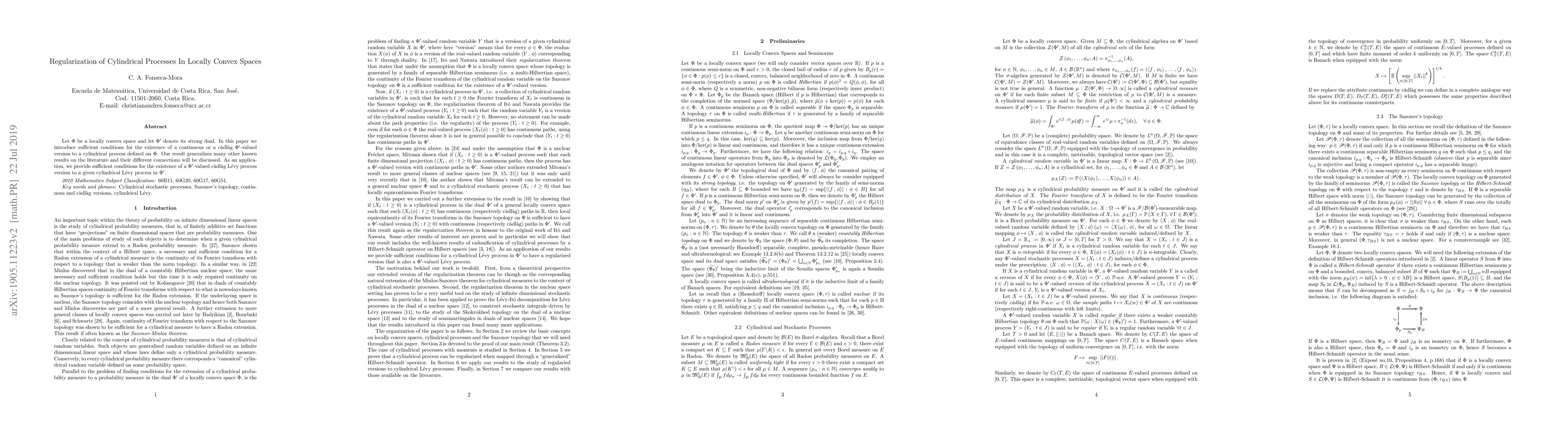 Thumbnail for Regularization of Cylindrical Processes In Locally Convex Spaces