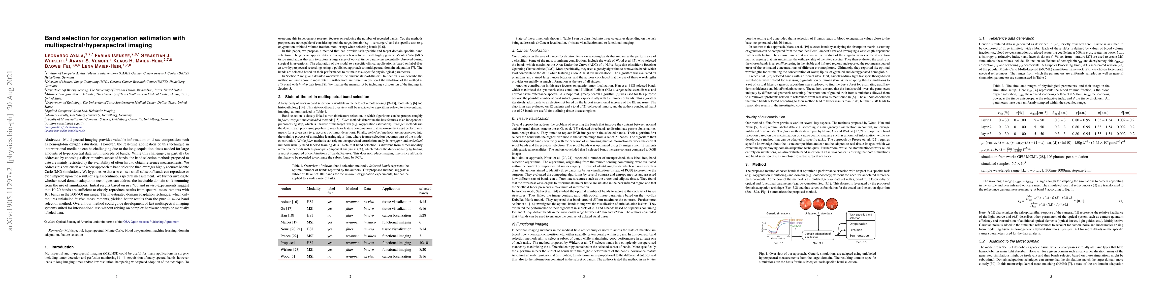 Thumbnail for Band selection for oxygenation estimation with
  multispectral/hyperspectral imaging