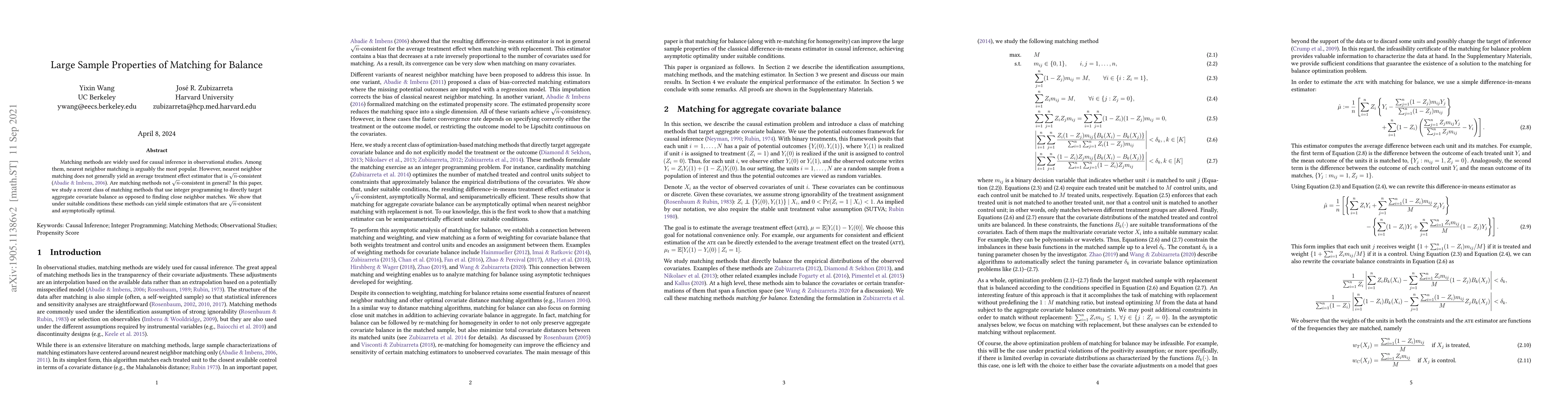 Thumbnail for Large Sample Properties of Matching for Balance