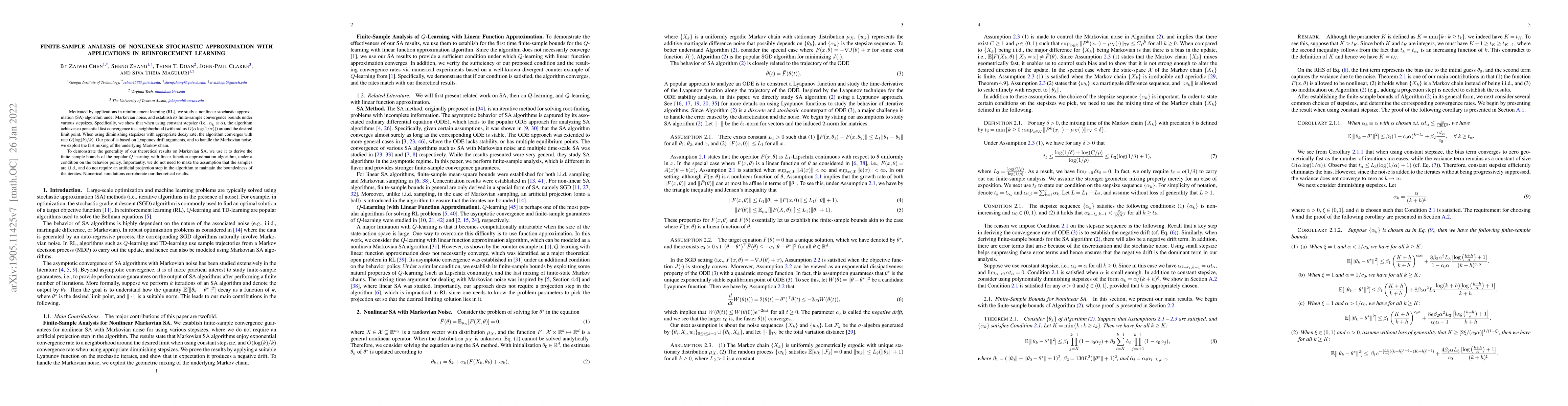 Thumbnail for Finite-Sample Analysis of Nonlinear Stochastic Approximation with
  Applications in Reinforcement Learning