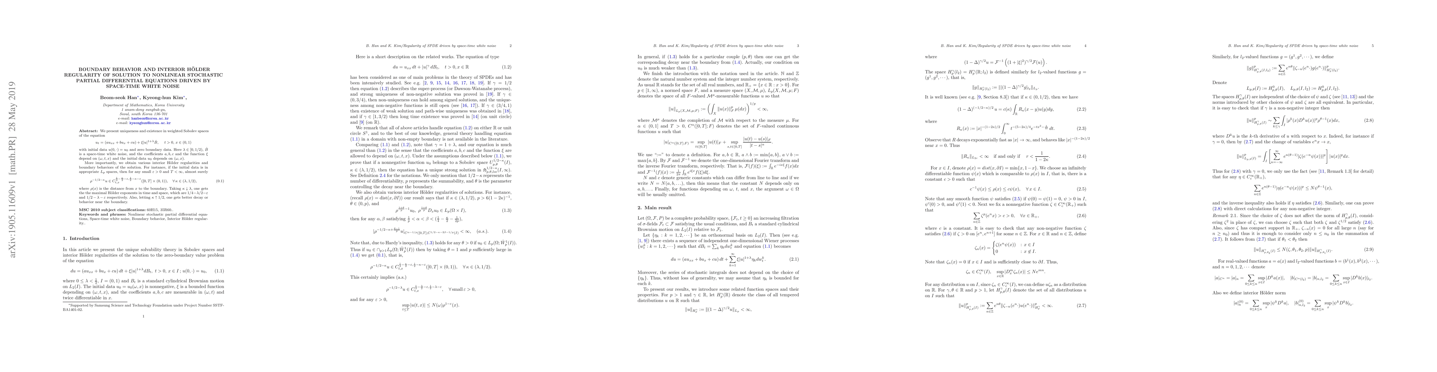 Thumbnail for Boundary behavior and interior H\"older regularity of solution to
  nonlinear stochastic partial differential equations driven by space-time
  white noise