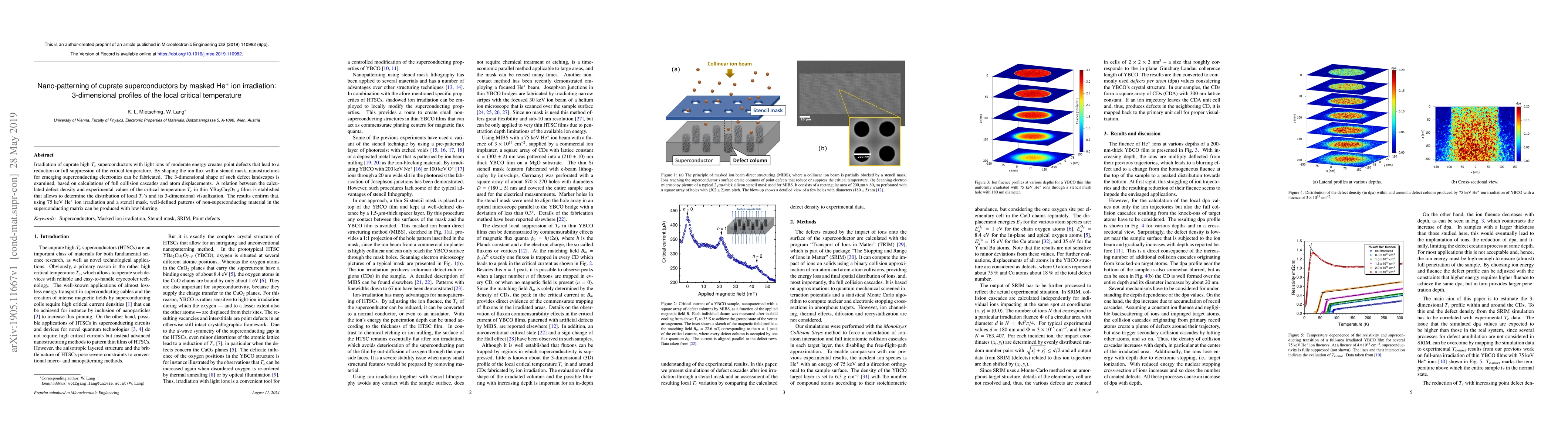 Thumbnail for Nano-patterning of cuprate superconductors by masked He$^+$ ion
  irradiation: 3-dimensional profiles of the local critical temperature