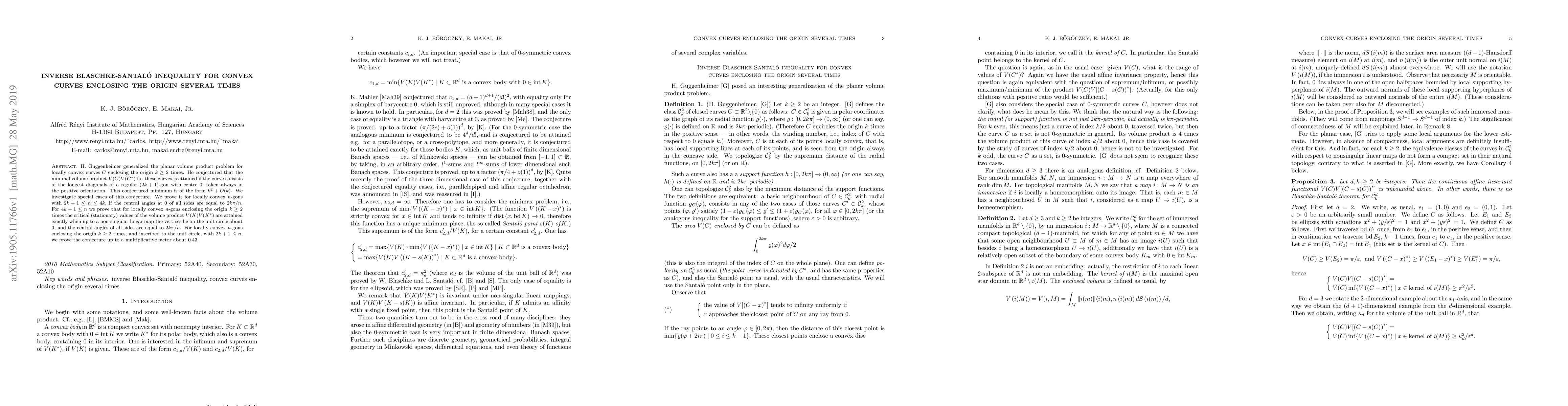 Thumbnail for Inverse Blaschke-Santal\'o inequality for convex curves enclosing the
  origin several times