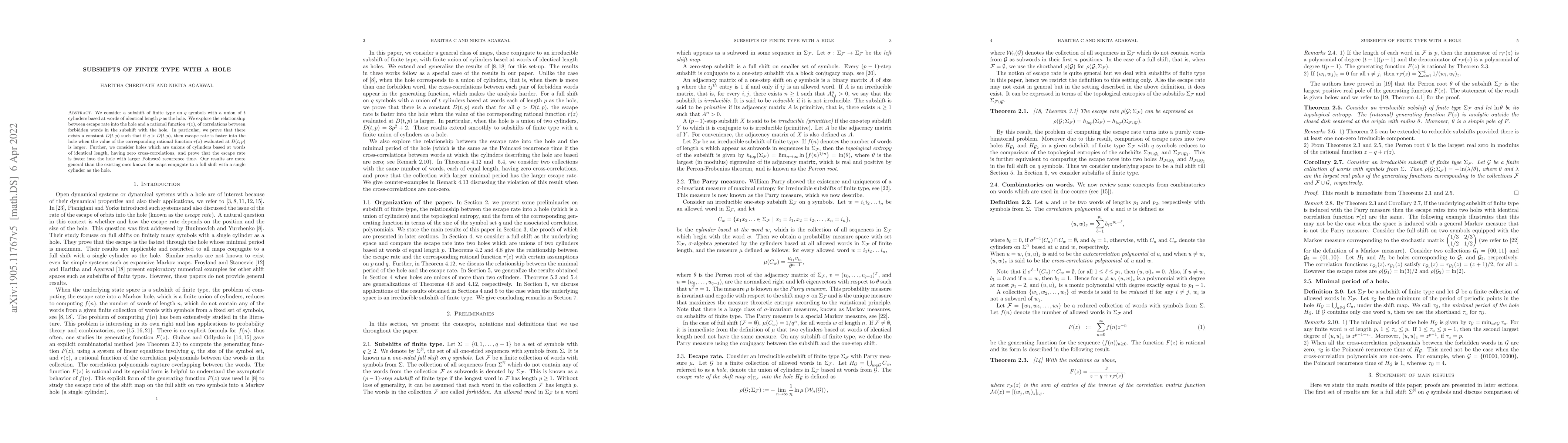 Thumbnail for Subshifts of Finite Type with a Hole
