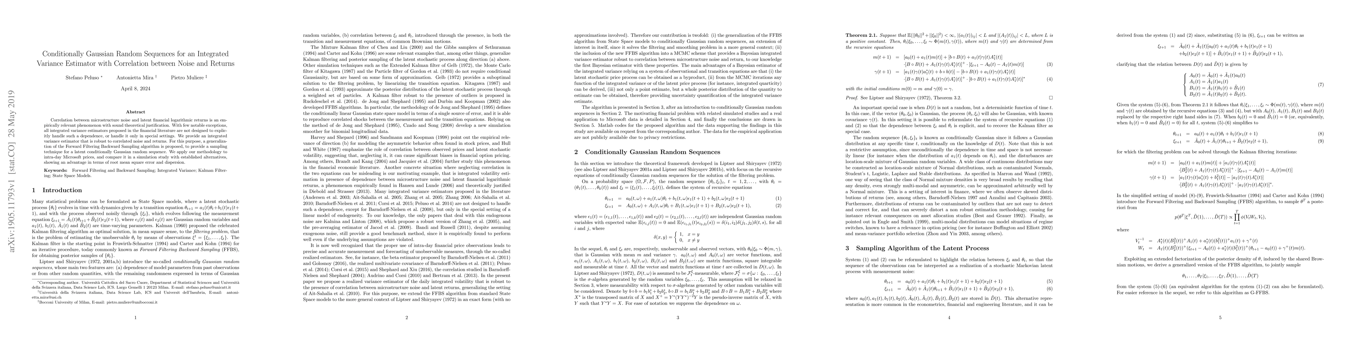 Thumbnail for Conditionally Gaussian Random Sequences for an Integrated Variance
  Estimator with Correlation between Noise and Returns
