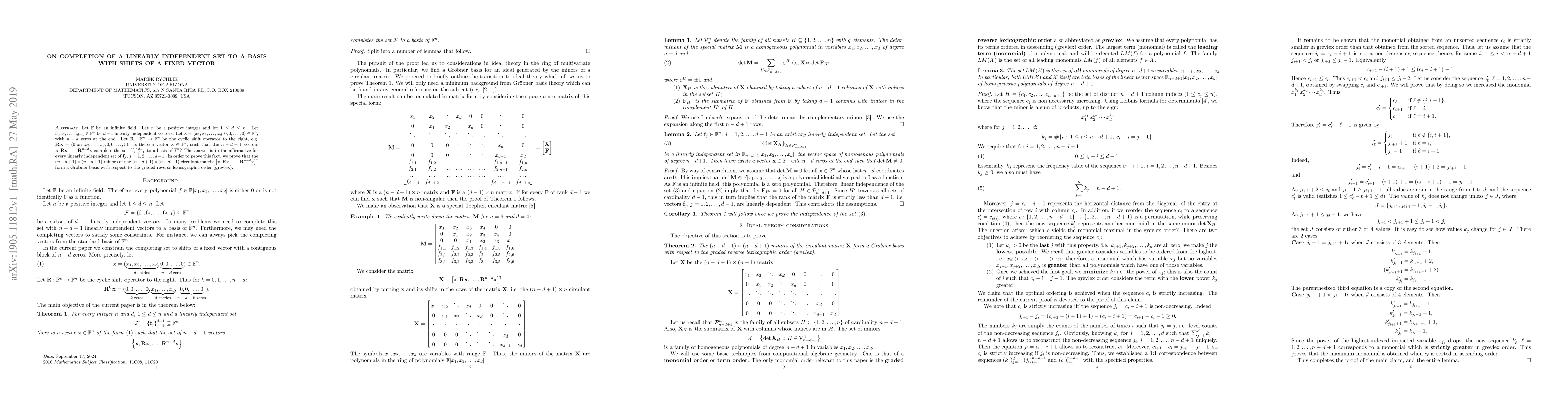 Thumbnail for On completion of a linearly independent set to a basis with shifts of a
  fixed vector