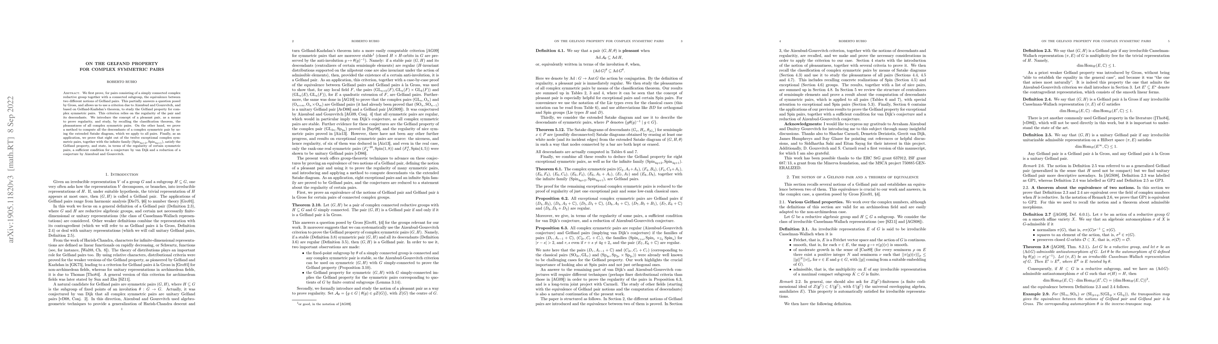 Thumbnail for On the Gelfand property for complex symmetric pairs