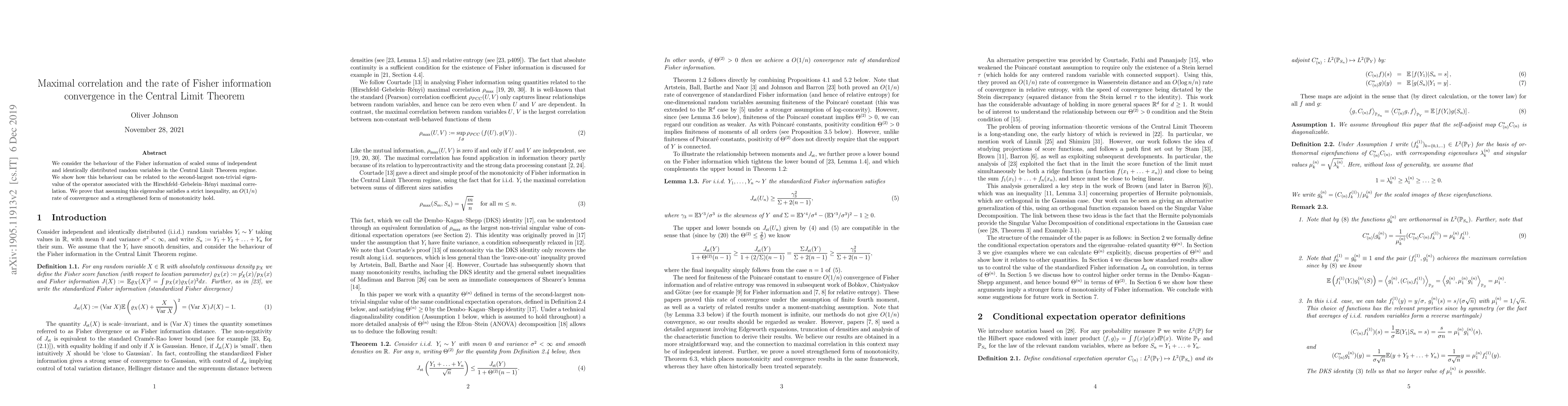 Thumbnail for Maximal correlation and the rate of Fisher information convergence in
  the Central Limit Theorem